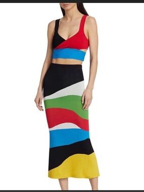 STAUD Multicolor Wave-Panel Midi Skirt in Black, Red, Blue, Green, Yellow